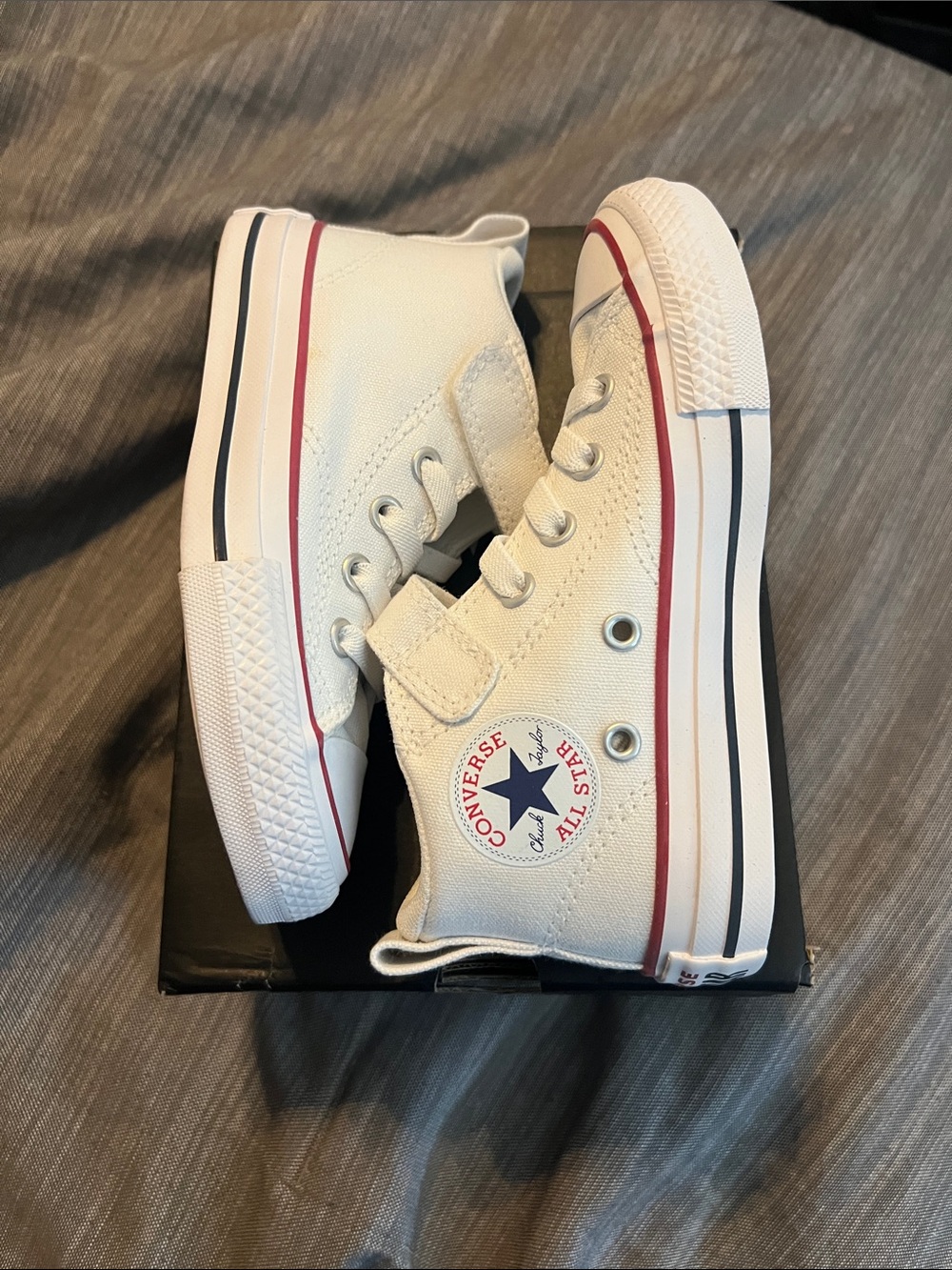 Converse Kids White Canvas High Top Sneakers with Red & Navy Trim